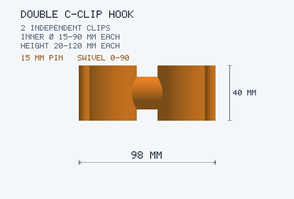 Double C-Clip Hook — Twin Swivel Clips (Parametric, 3D Print)