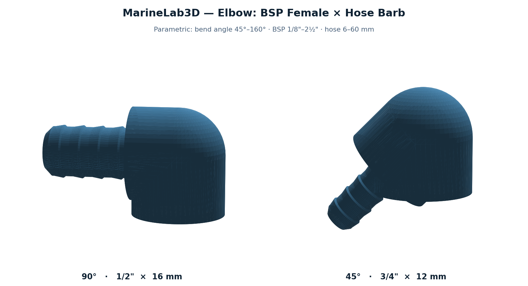 Elbow — BSP Female × Hose Barb — Parametric (3D Print)