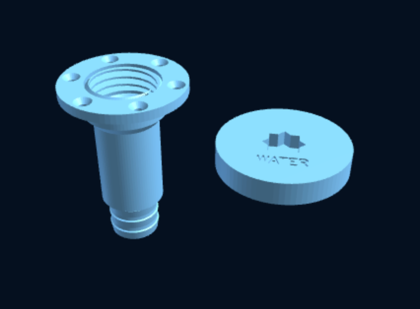 3D-printed boat deck filler with hose barb and winch-handle cap by MarineLab3D