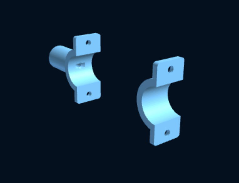 3D-printed two-piece pipe wall clamp with mounting post holding a tube off a bulkhead