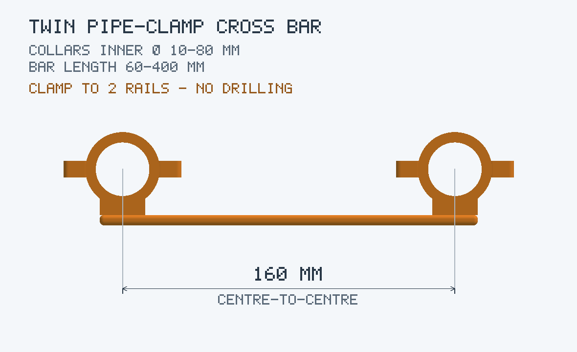 Twin Pipe-Clamp Cross Bar — Rail-Mount Bar for Modular Kits (Parametric, 3D Print)